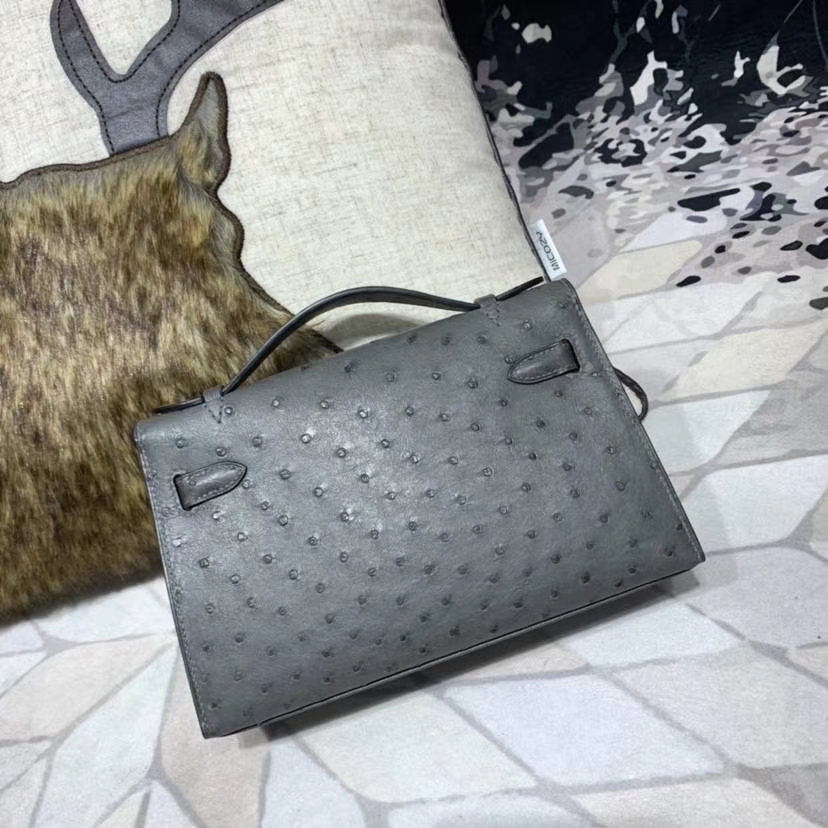爱马仕迷你凯莉包 Hermes Minikelly22CM 8F锡器灰南非鸵鸟皮 金扣