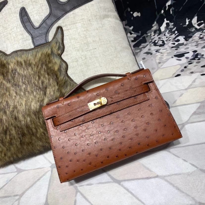 爱马仕迷你凯莉包 Hermes古铜色南非鸵鸟皮Minikelly Pochette22CM 金扣