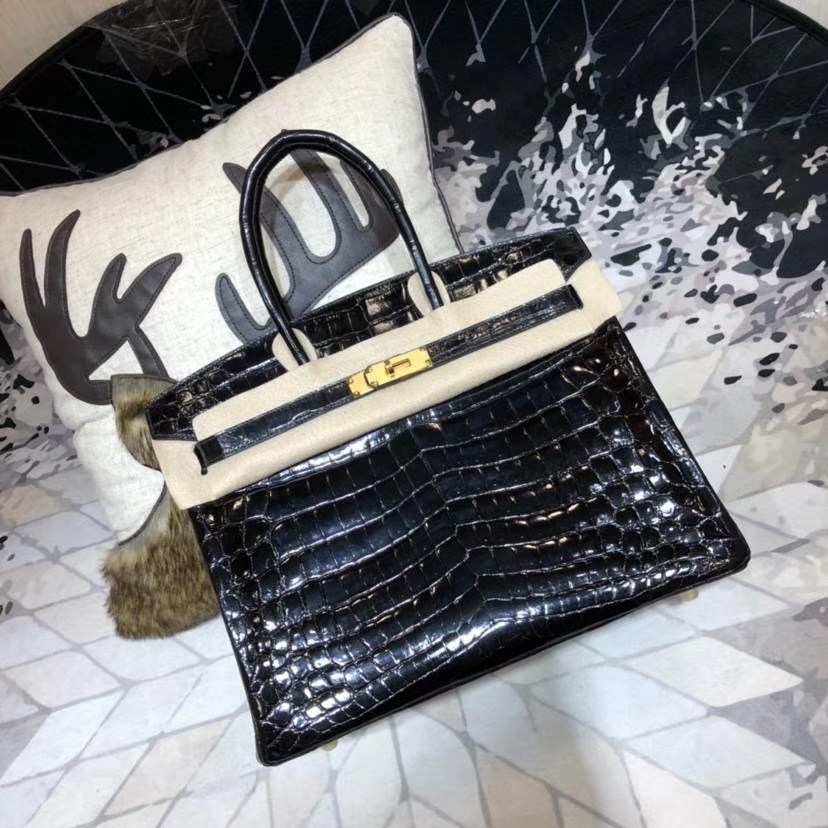 Hermes Birkin35CM 爱马仕黑色亮光尼罗鳄鱼皮铂金包 金扣