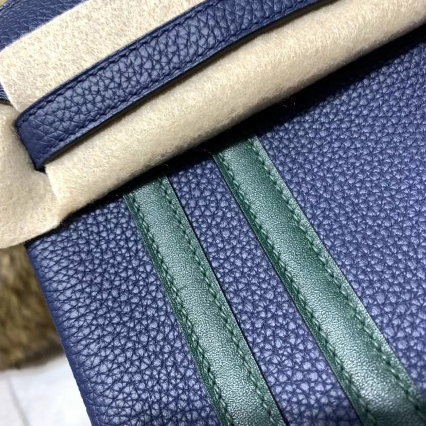 Hermes女包价格 爱马仕宝石蓝拼绿色Togo牛皮竖条铂金包Birkin25CM 银扣