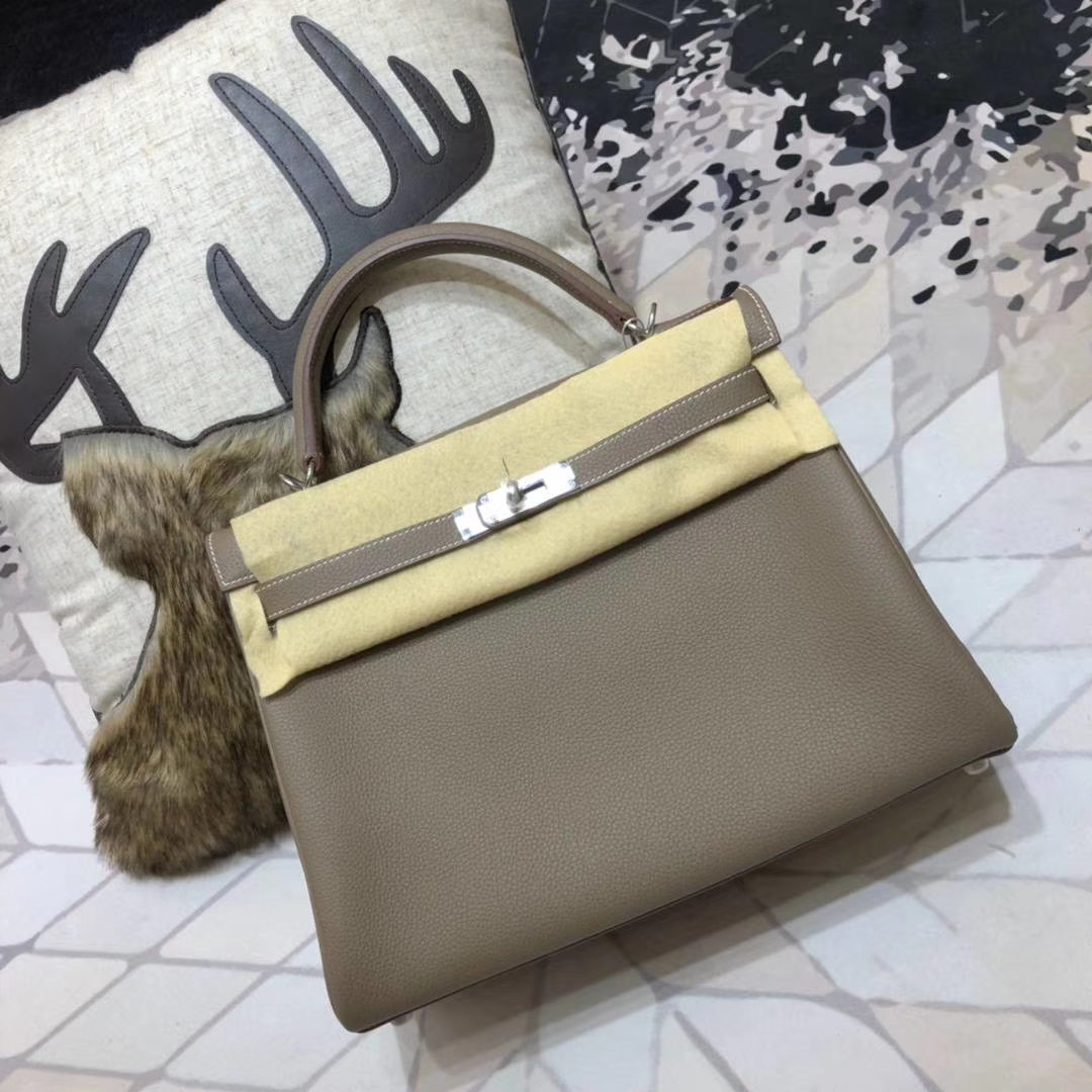 Hermes Kelly32CM 爱马仕大象灰原厂Togo小牛皮凯莉包 银扣