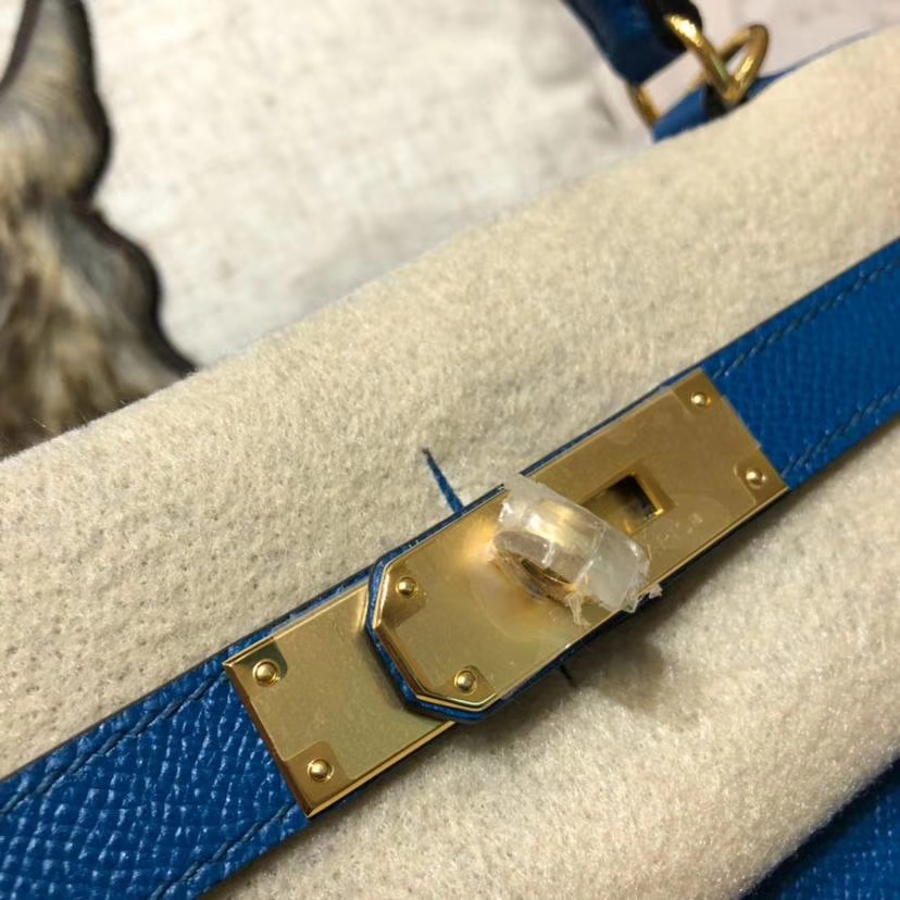 Hermes Kelly28CM 爱马仕经典女包 普鲁士蓝顶级掌纹牛皮外缝凯莉包 金扣