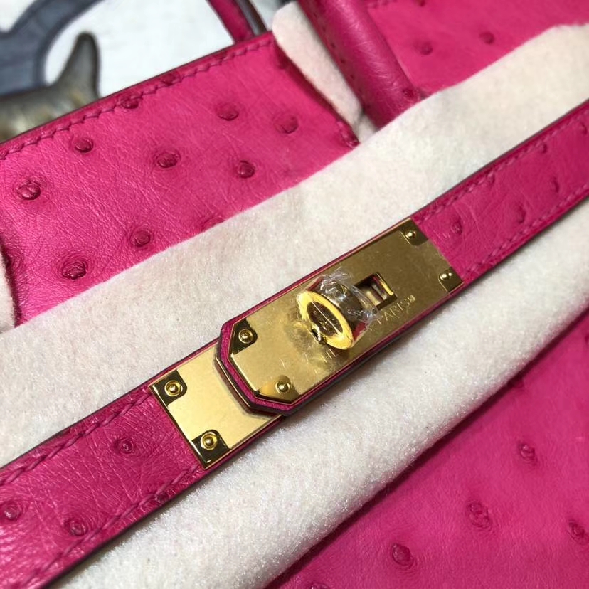 广州包包批发 Hermes爱马仕桃红色南非鸵鸟皮铂金包Birkin30CM 金扣