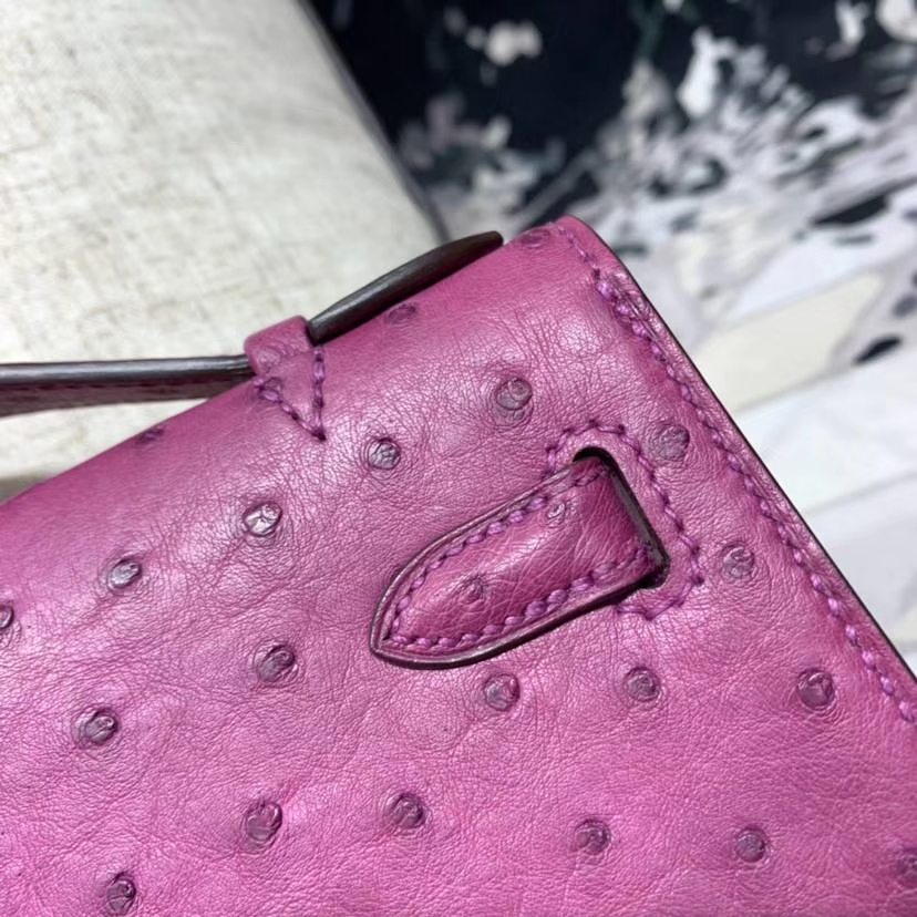 Hermes Minikelly Pochette22CM 爱马仕南非鸵鸟皮迷你凯莉包 梅紫色 金扣