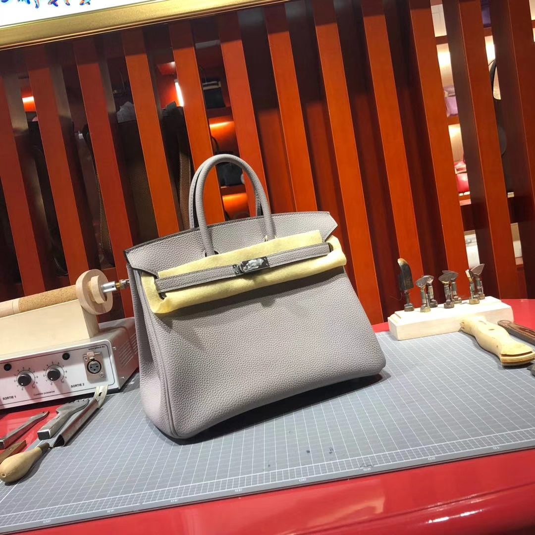 爱马仕Birkin包包 Hermes顶级Togo牛皮铂金包Birkin25CM 1F钻石灰 金扣