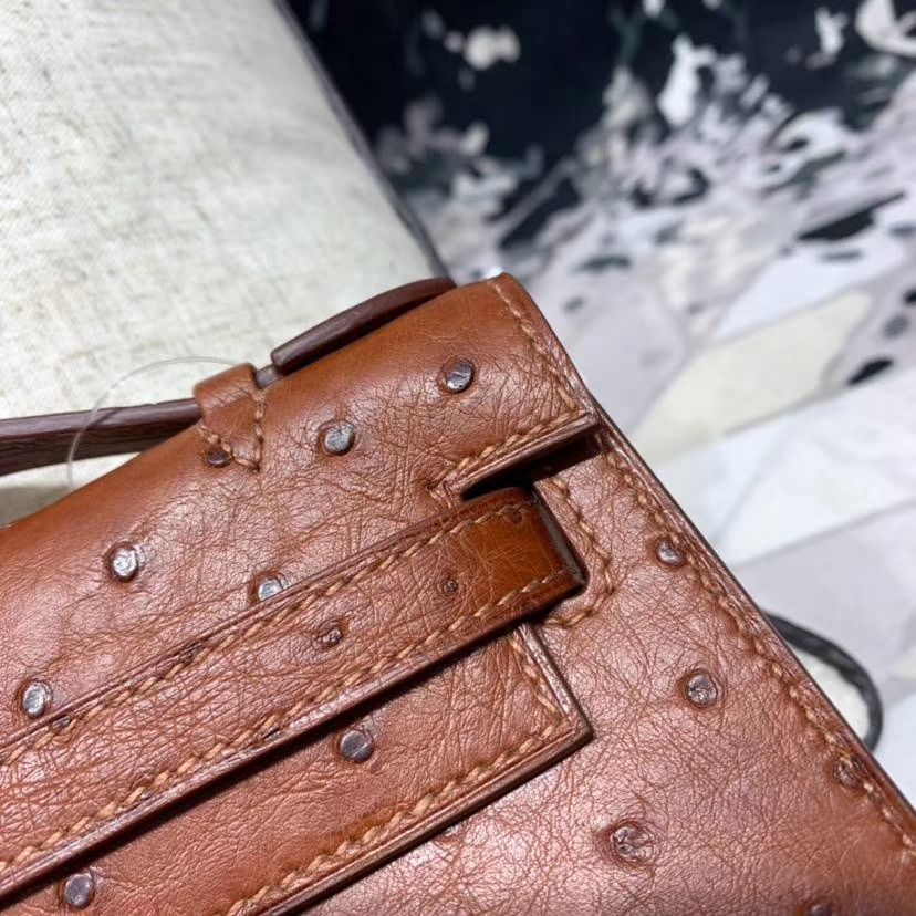 爱马仕迷你凯莉包 Hermes古铜色南非鸵鸟皮Minikelly Pochette22CM 金扣