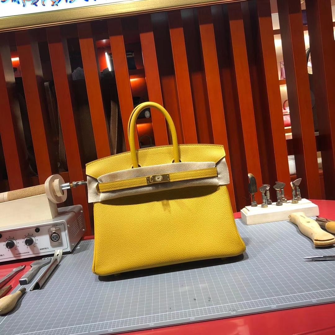 爱马仕铂金包 Hermes Birkin25CM 法国顶级Togo牛皮 18年新色9D琥珀黄 金扣