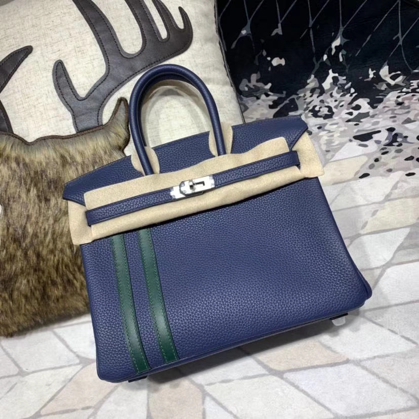 Hermes女包价格 爱马仕宝石蓝拼绿色Togo牛皮竖条铂金包Birkin25CM 银扣