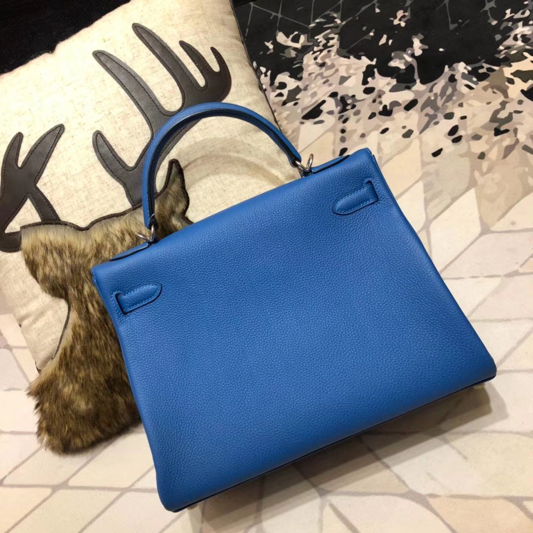 Hermes包包官网 爱马仕希腊蓝原厂御用Togo牛皮凯莉包Kelly32CM 银扣