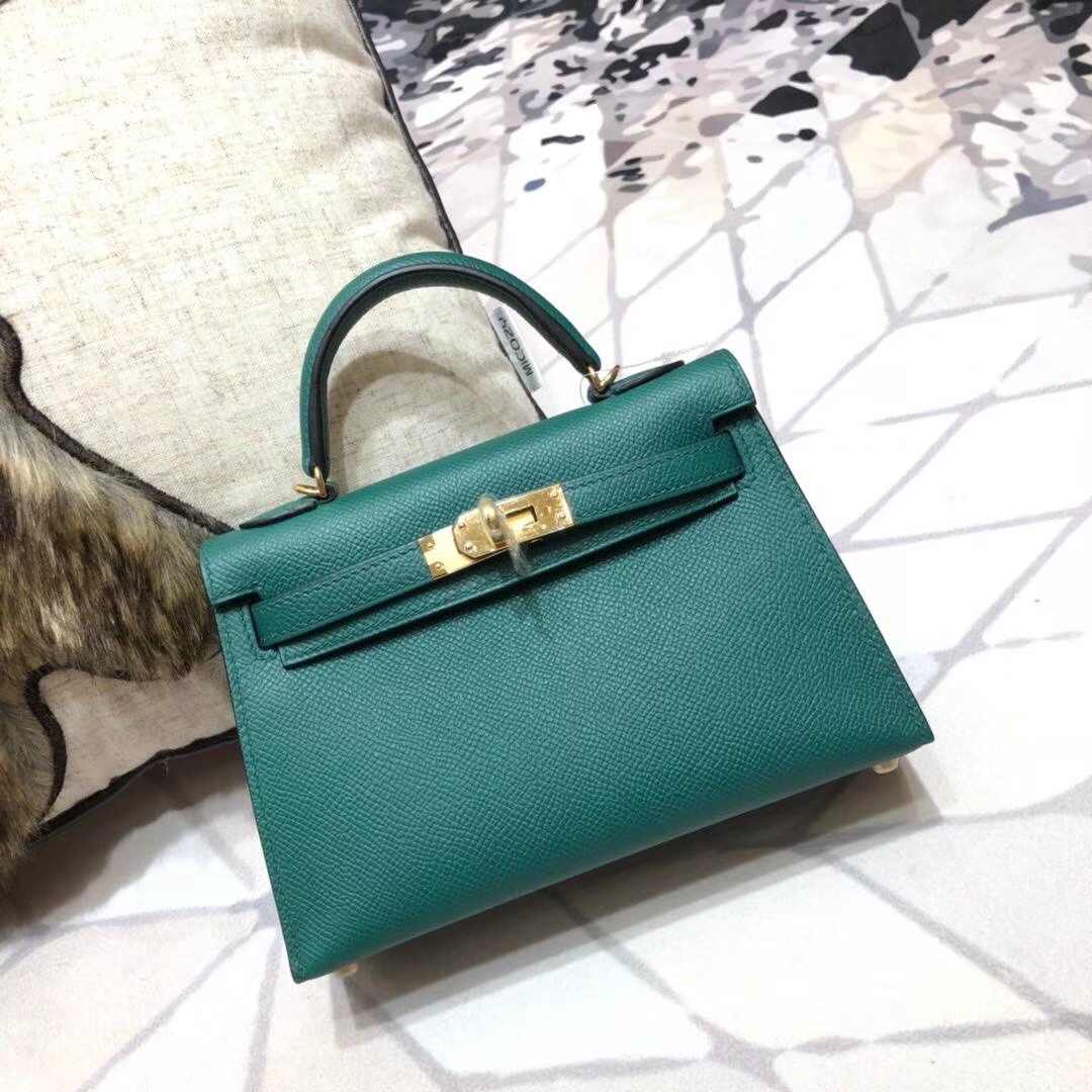 Hermes Minikelly2代 爱马仕孔雀绿原厂 御用掌纹牛皮迷你凯莉包2代 金扣
