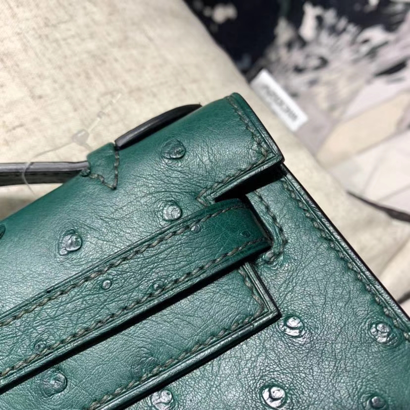 Hermes包包官网 爱马仕Z6孔雀绿南非鸵鸟皮Minikelly Pochette迷你凯莉包22CM 金扣