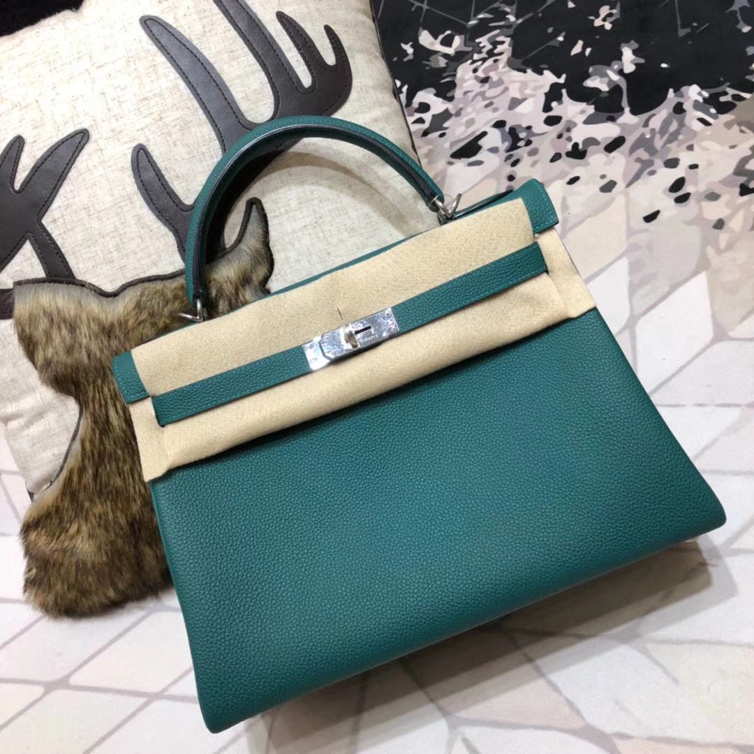 广州包包批发 Hermes爱马仕孔雀绿原厂小牛皮内缝凯莉包Kelly32CM 银扣