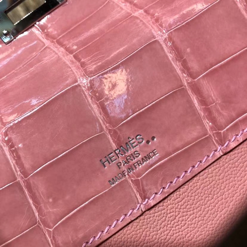 Hermes Kelly Cut 爱马仕陶瓷粉亮光尼罗鳄鱼皮晚宴手包 银扣