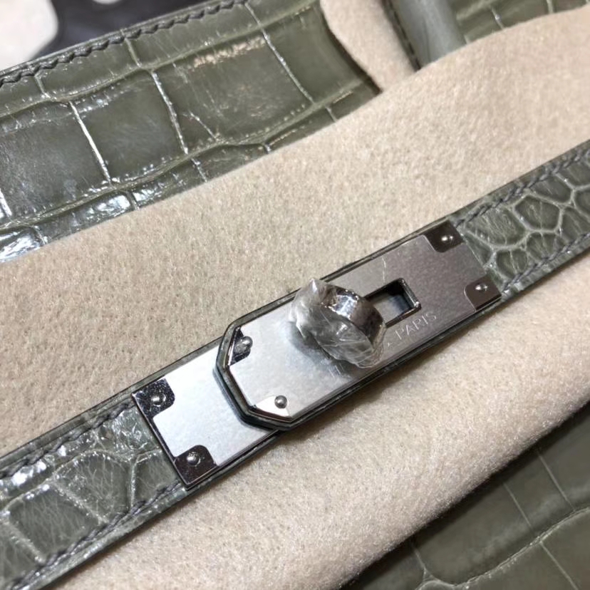 纯手工缝制 Hermes爱马仕亮光尼罗鳄鱼皮铂金包Birkin35CM 大象灰 银扣