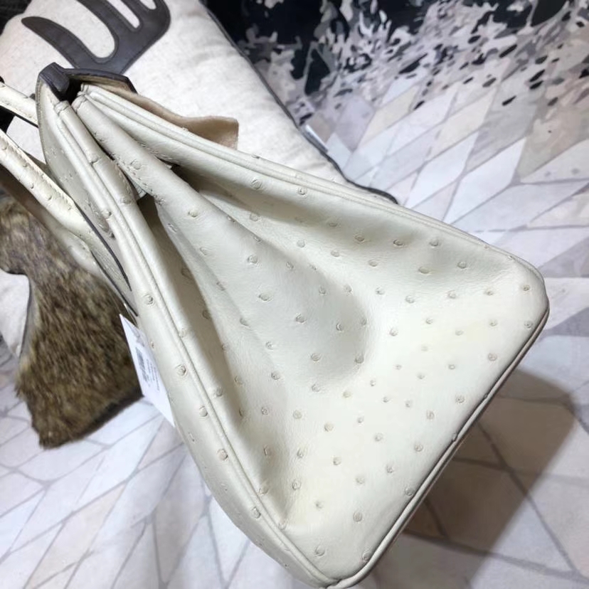 Hermes Birkin30CM 爱马仕羊毛白南非鸵鸟皮铂金包Birkin女包 金扣