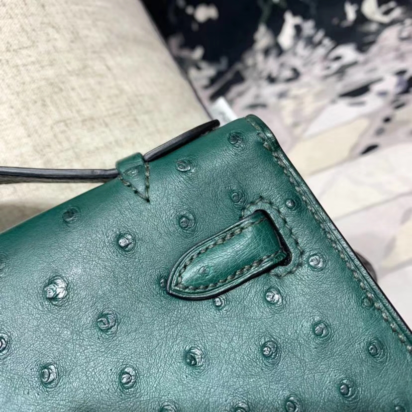 Hermes包包官网 爱马仕Z6孔雀绿南非鸵鸟皮Minikelly Pochette迷你凯莉包22CM 金扣