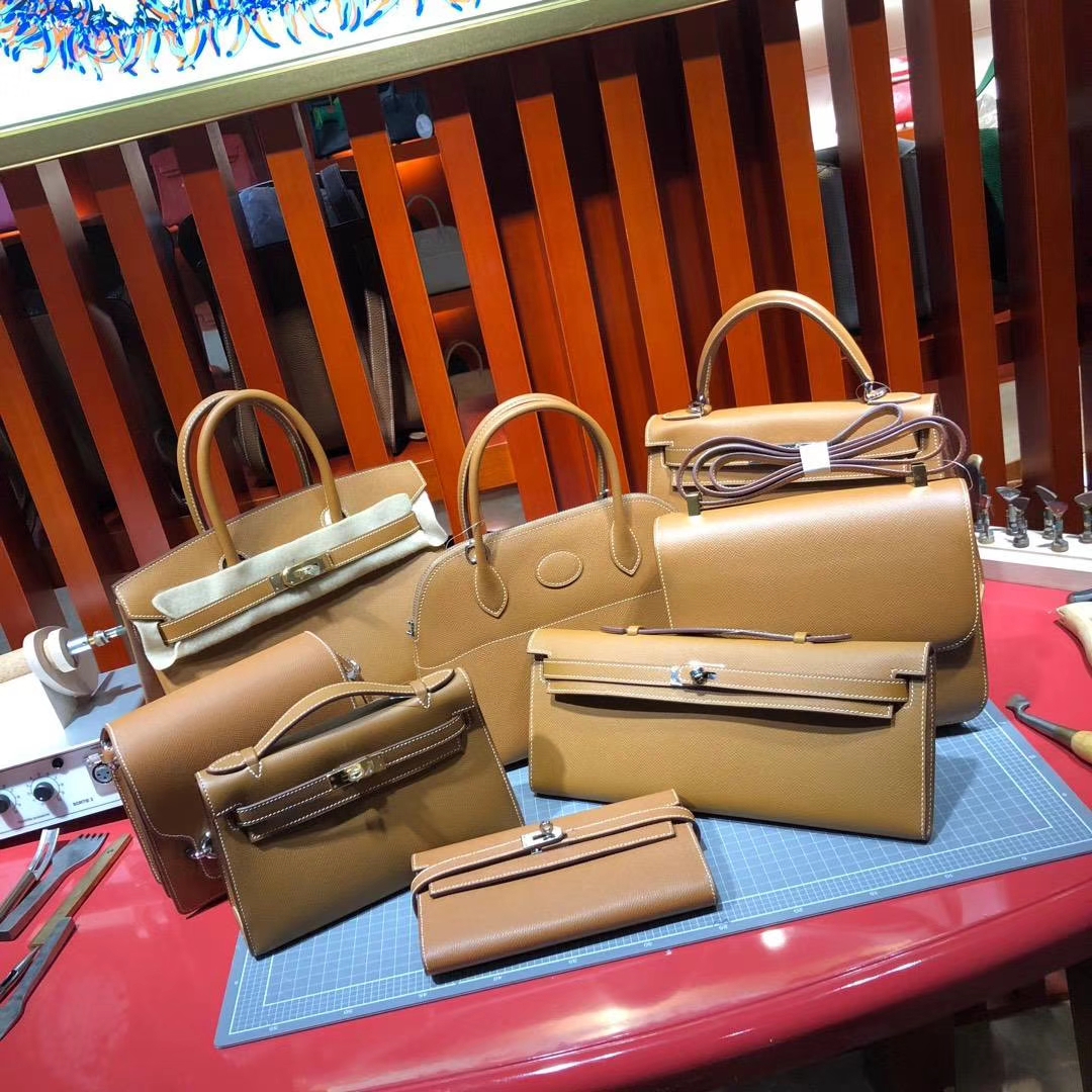 爱马仕手拿包 Hermes Kelly Cut CK75土黄色原厂掌纹牛皮晚宴包 银扣