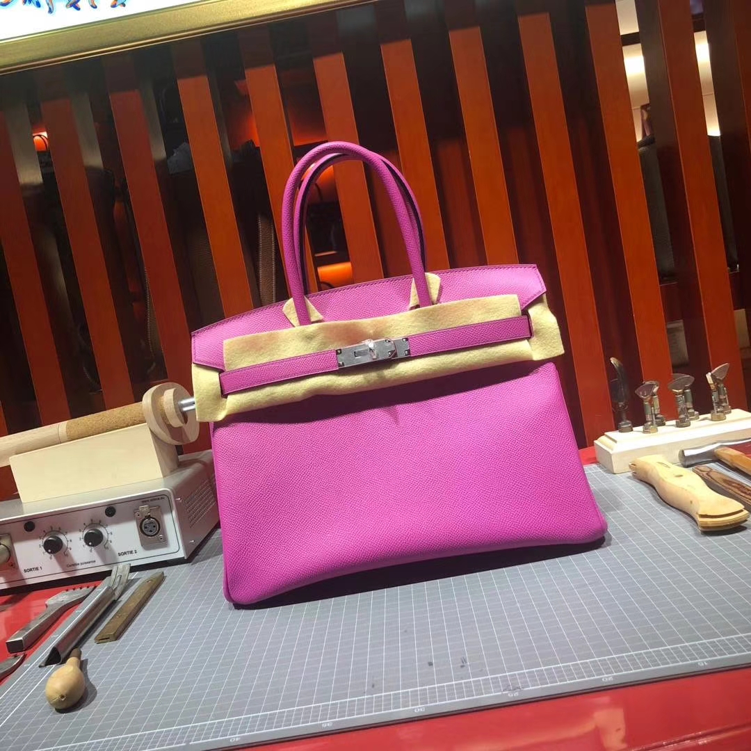 爱马仕铂金包价格 Hermes Birkin30CM 9I玉兰粉原厂Epsom牛皮 银扣