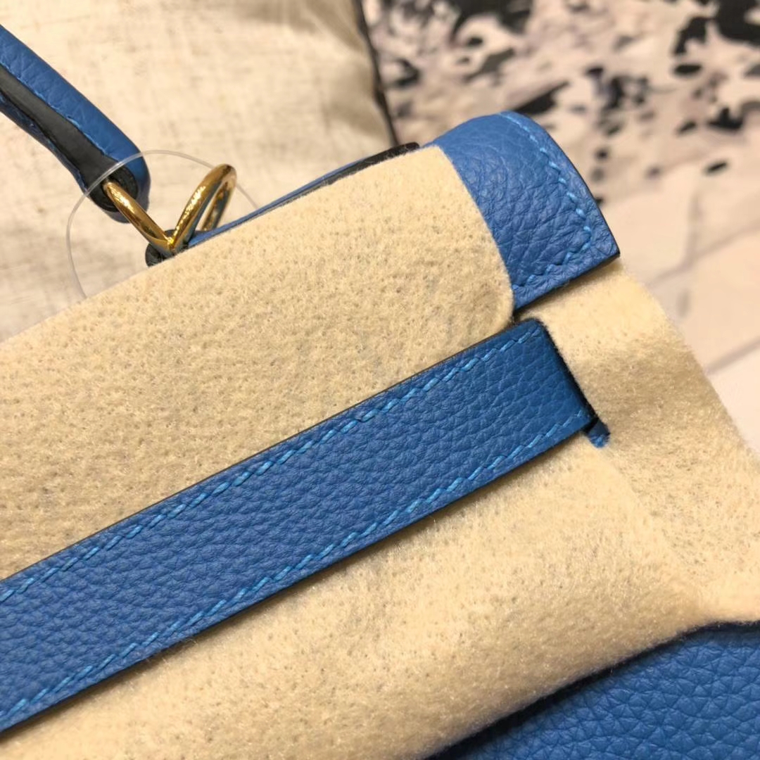 爱马仕凯莉包价格 Hermes Kelly32CM 希腊蓝原厂御用小牛皮Kelly女包 金扣