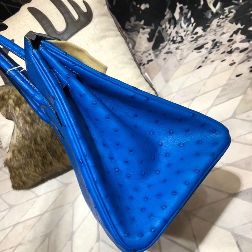 爱马仕包包官网 Hermes Birkin30CM 水妖蓝南非鸵鸟皮铂金包 金扣