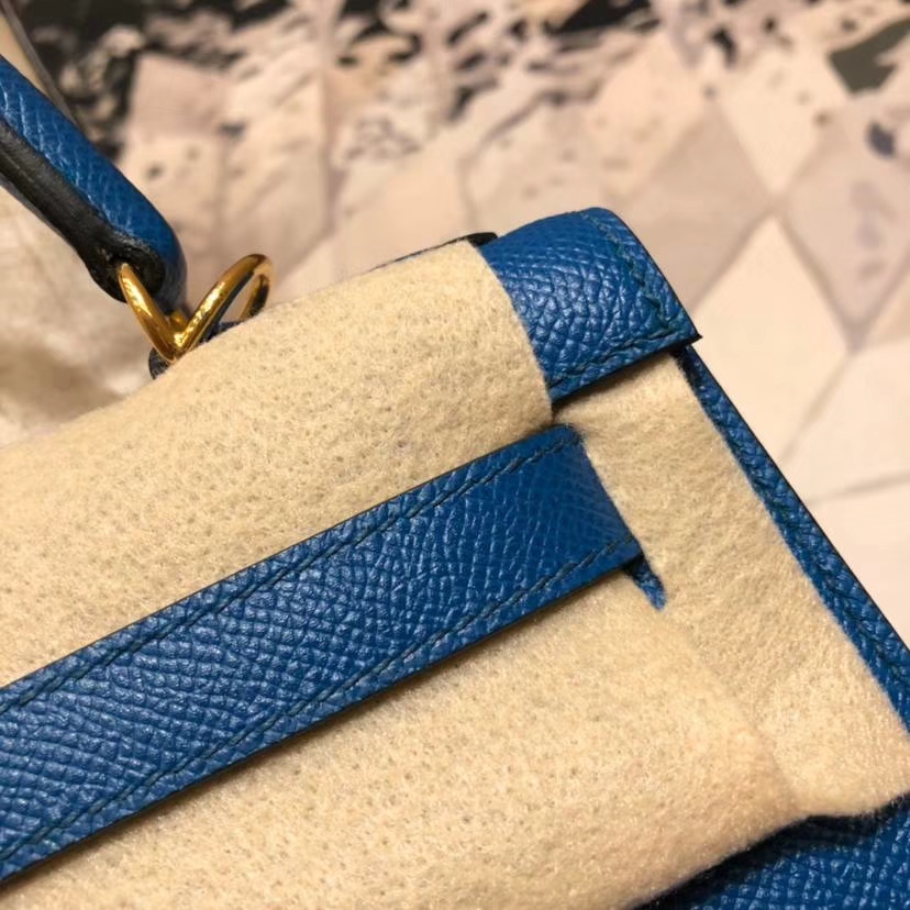 Hermes Kelly28CM 爱马仕经典女包 普鲁士蓝顶级掌纹牛皮外缝凯莉包 金扣