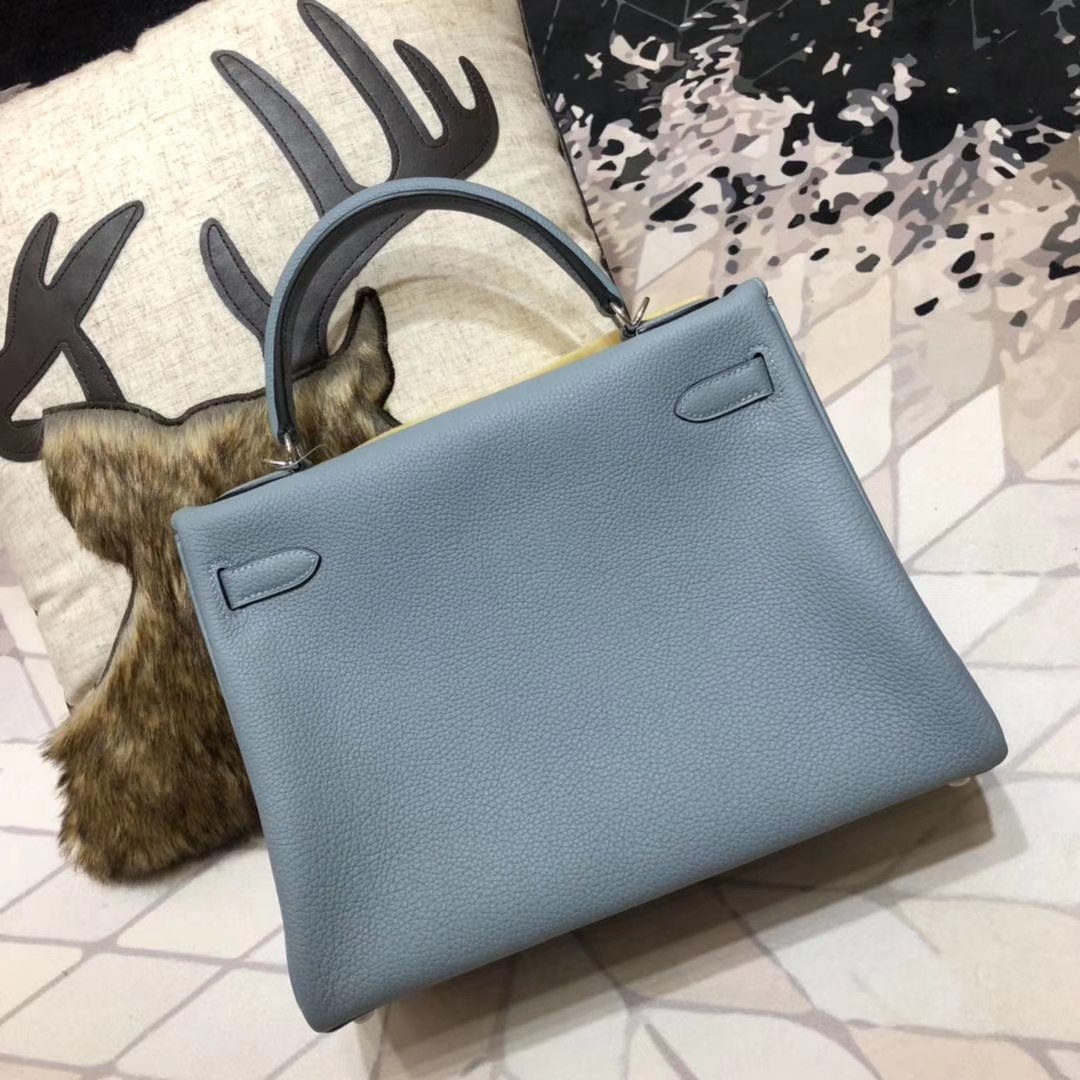 爱马仕经典女包 Hermes Kelly32CM 亚麻蓝原厂Togo小牛皮凯莉包 银扣