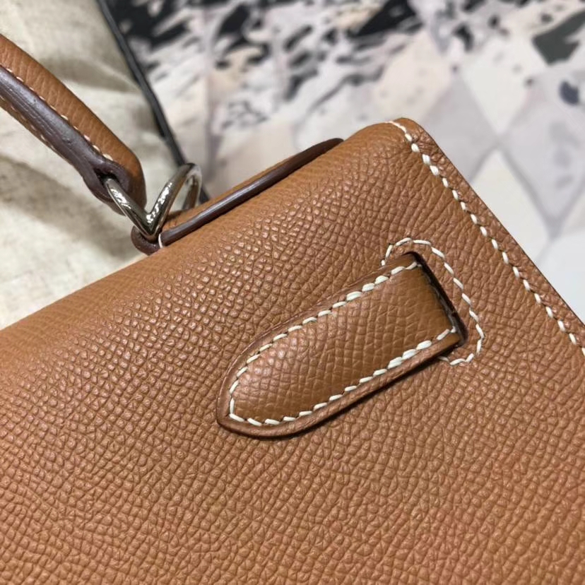 Hermes Kelly28CM 爱马仕土黄色顶级掌纹牛皮凯莉包Kelly女包 银扣
