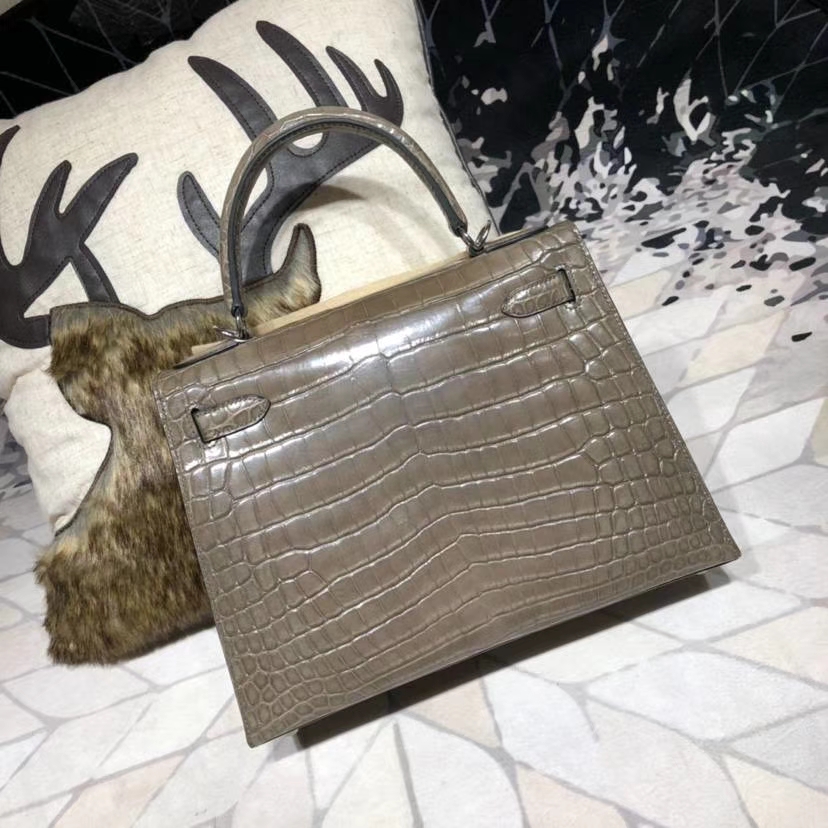 Hermes Kelly28CM 爱马仕大象灰亮光尼罗鳄鱼皮凯莉包外缝 银扣