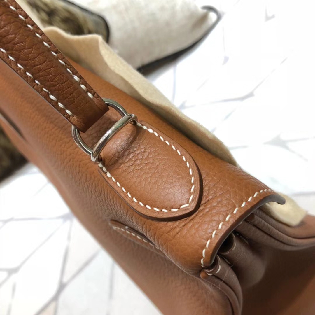 Hermes Kelly32CM 爱马仕原厂御用小牛皮内缝凯莉包 土黄色 银扣
