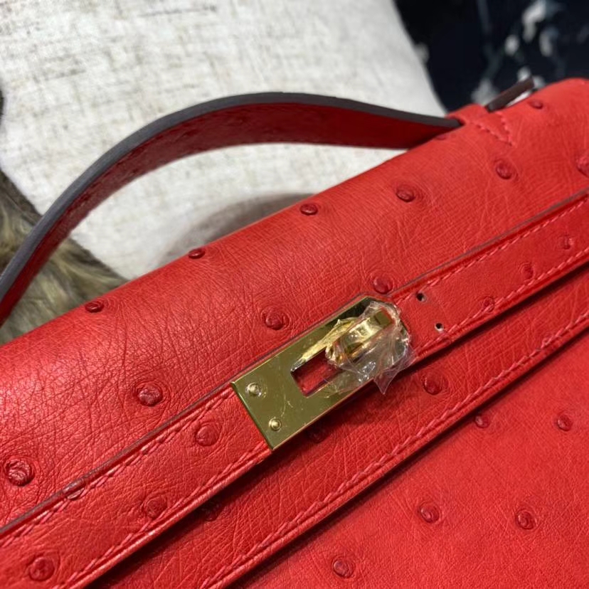 爱马仕迷你凯莉包 Hermes Minikelly Pochette22CM 51中国红南非鸵鸟皮 金扣
