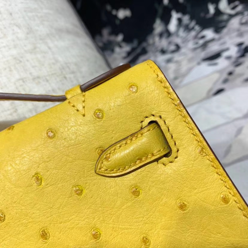 爱马仕迷你凯莉包价格 Hermes Minikelly22CM 琥珀黄南非鸵鸟皮 金扣