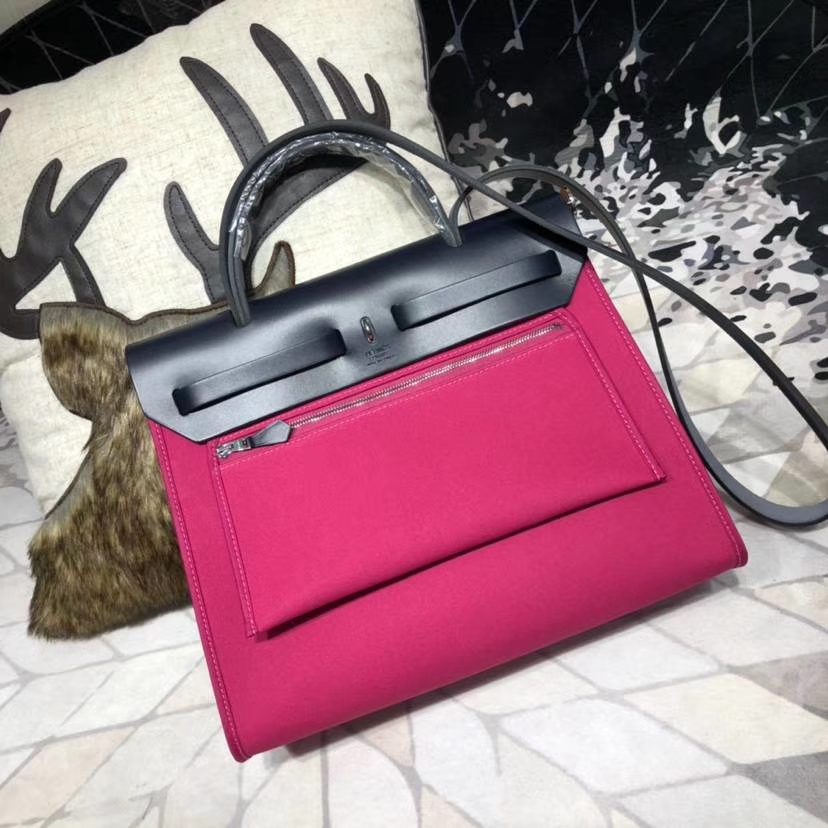 爱马仕新款女包 Hermes Herbag 玫瑰紫帆布拼皮手提单肩包