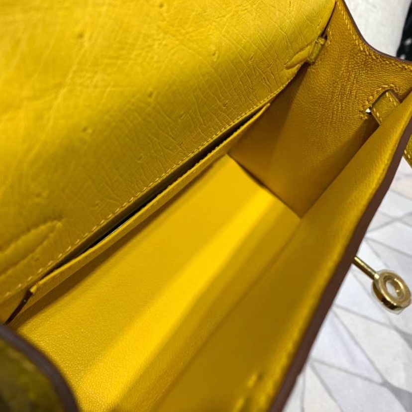 爱马仕迷你凯莉包价格 Hermes Minikelly22CM 琥珀黄南非鸵鸟皮 金扣