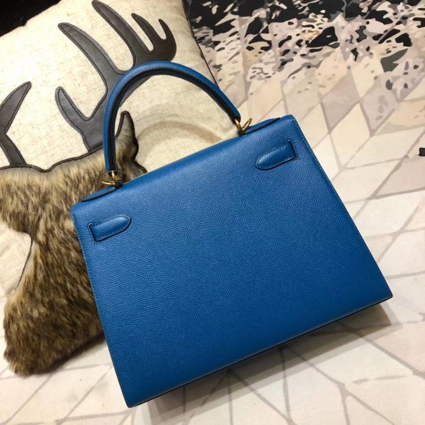 Hermes Kelly28CM 爱马仕经典女包 普鲁士蓝顶级掌纹牛皮外缝凯莉包 金扣