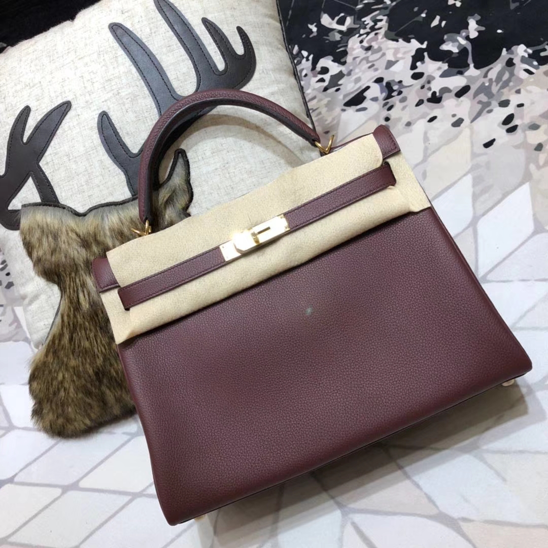 爱马仕凯莉包价格 Hermes Kelly32CM 波尔多酒红Togo牛皮 金扣