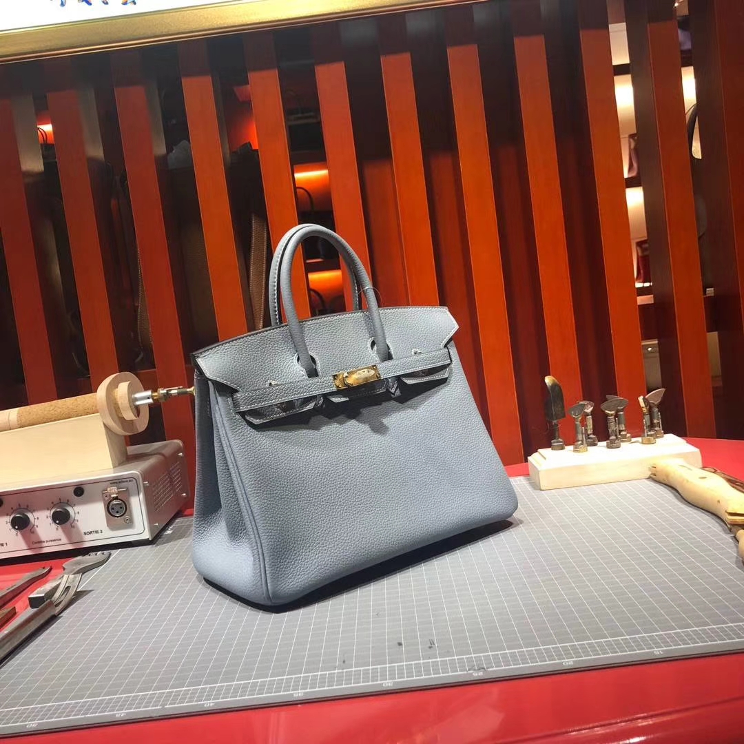 顶级工艺 Hermes爱马仕J7亚麻蓝原厂荔枝纹牛皮Birkin25CM铂金包 金扣