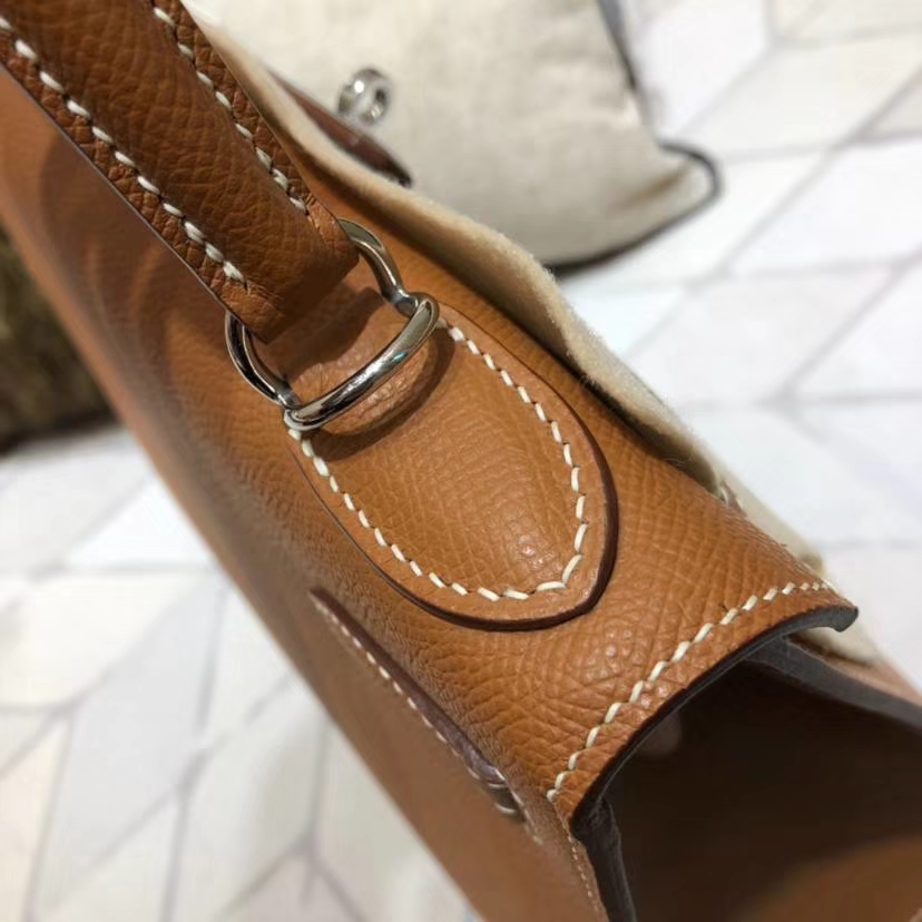 Hermes Kelly28CM 爱马仕土黄色顶级掌纹牛皮凯莉包Kelly女包 银扣