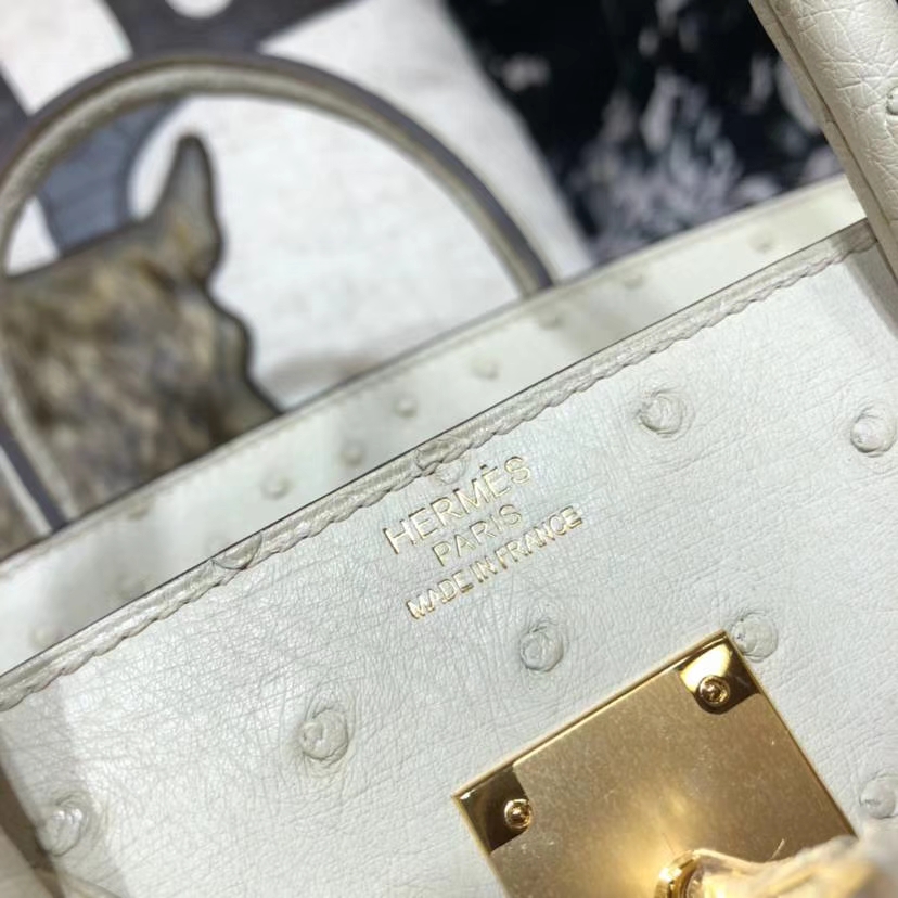 Hermes Birkin30CM 爱马仕羊毛白南非鸵鸟皮铂金包Birkin女包 金扣
