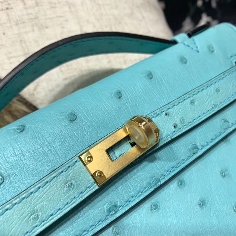爱马仕女士晚宴包 Hermes Minikelly22CM 南非鸵鸟皮迷你凯莉包 3P马卡龙蓝 金扣