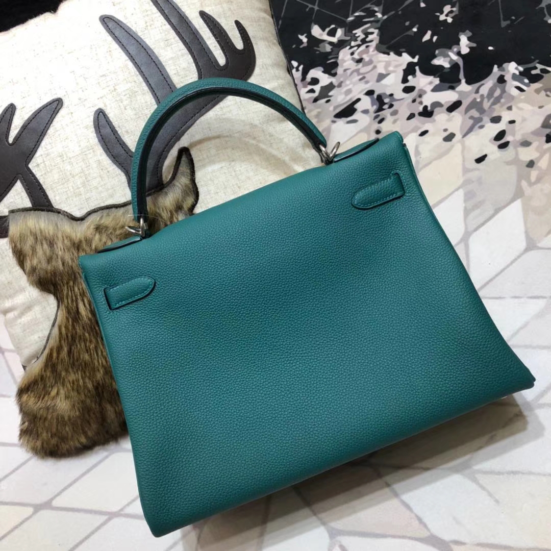 广州包包批发 Hermes爱马仕孔雀绿原厂小牛皮内缝凯莉包Kelly32CM 银扣