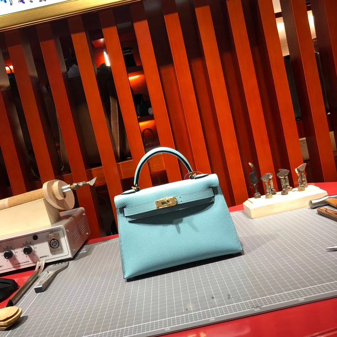 Hermes Minikelly2代 爱马仕顶级Epsom牛皮迷你凯莉包2代晚宴包 马卡龙蓝 金扣