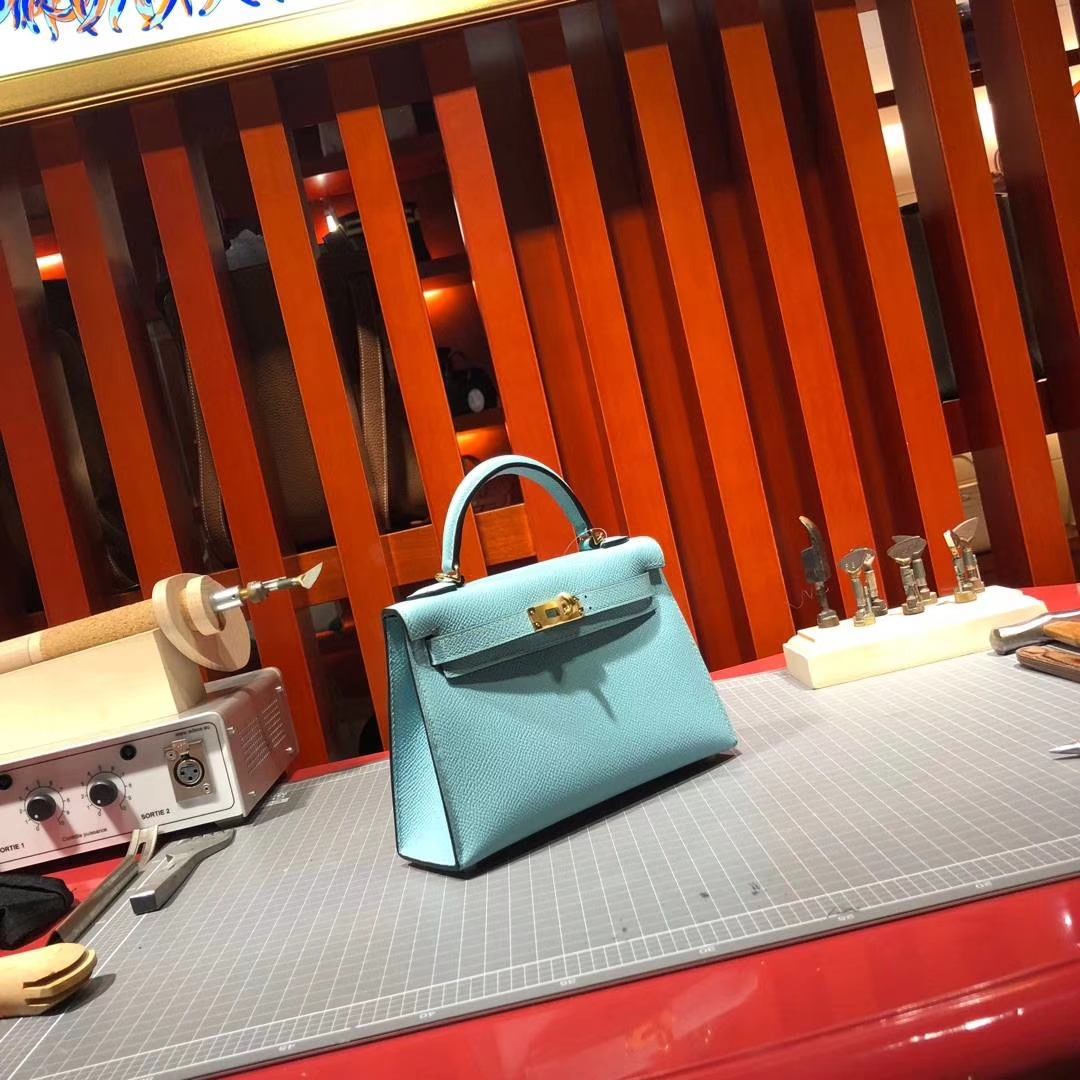 Hermes Minikelly2代 爱马仕顶级Epsom牛皮迷你凯莉包2代晚宴包 马卡龙蓝 金扣