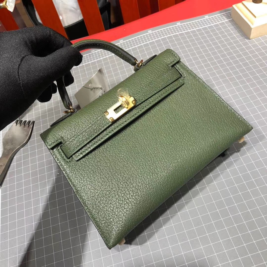 爱马仕Minikelly手包 Hermes原厂山羊皮迷你凯莉包2代 英国绿 金扣