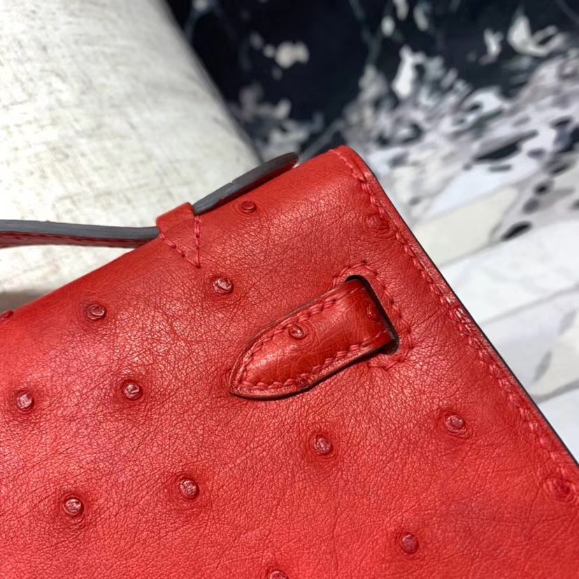 爱马仕迷你凯莉包 Hermes Minikelly Pochette22CM 51中国红南非鸵鸟皮 金扣