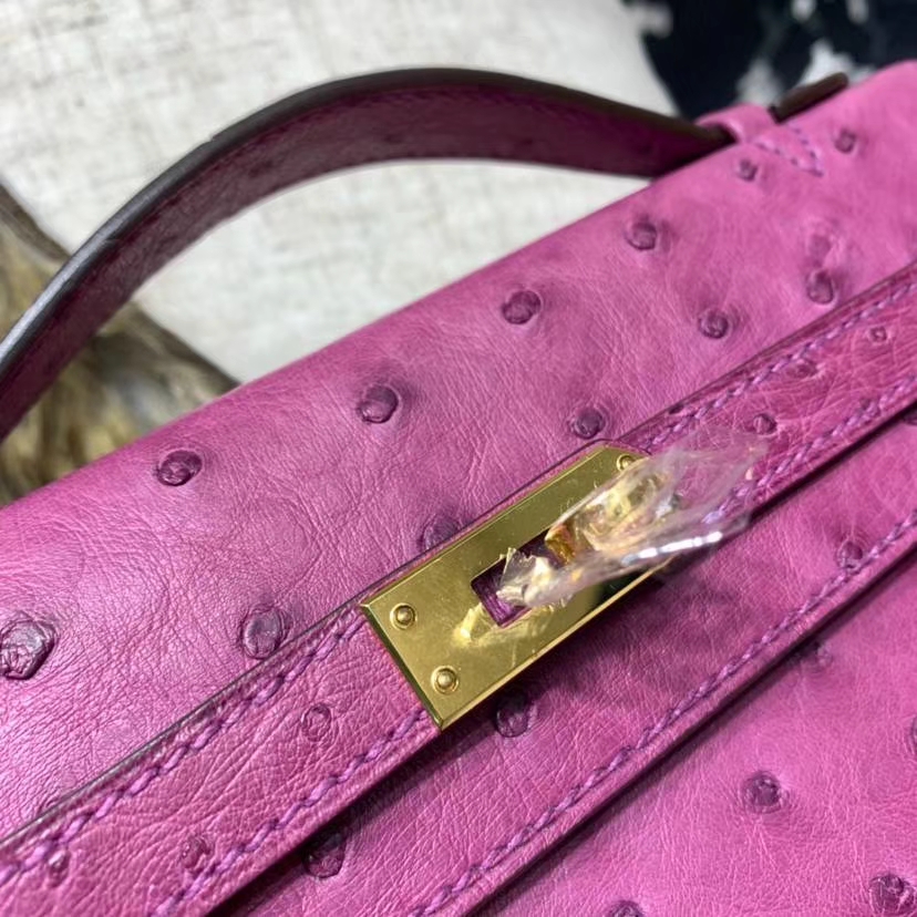 Hermes Minikelly Pochette22CM 爱马仕南非鸵鸟皮迷你凯莉包 梅紫色 金扣