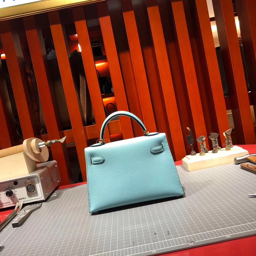 Hermes Minikelly2代 爱马仕顶级Epsom牛皮迷你凯莉包2代晚宴包 马卡龙蓝 金扣