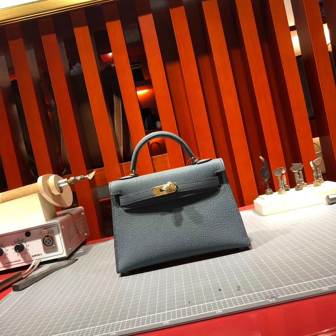 爱马仕迷你凯莉包2代 Hermes Minikelly2代 N7风暴蓝顶级山羊皮 金扣