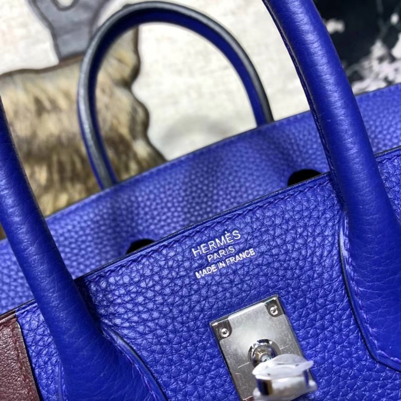 爱马仕新款竖条铂金包 Hermes Birkin25CM 电光蓝Togo牛皮 银扣