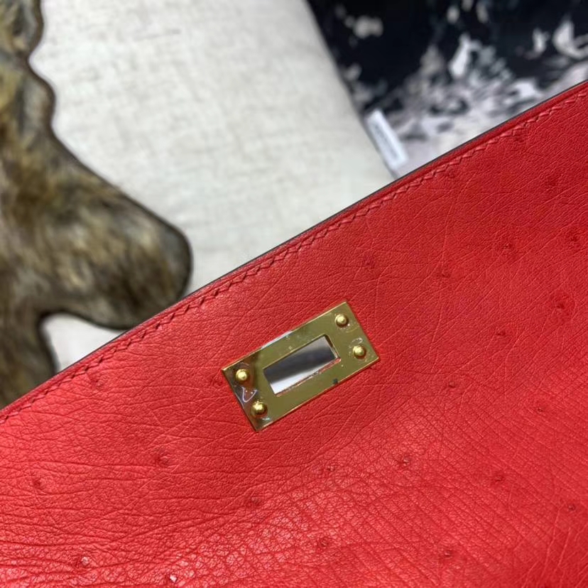 爱马仕迷你凯莉包 Hermes Minikelly Pochette22CM 51中国红南非鸵鸟皮 金扣
