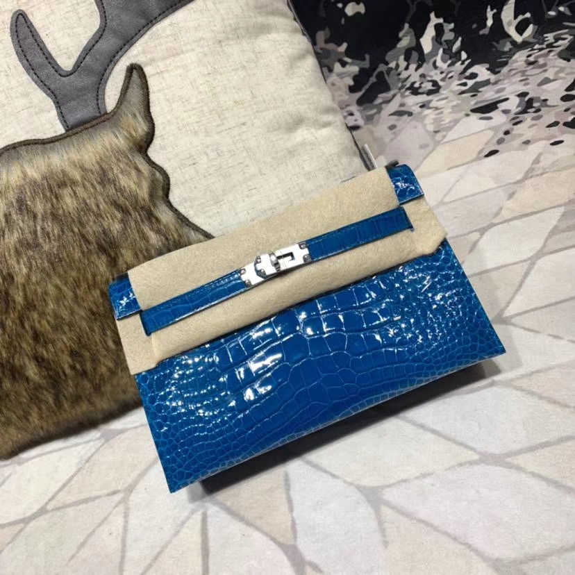Hermes Minikelly22CM 爱马仕希腊蓝亮光鳄鱼皮迷你凯莉包手包 金扣